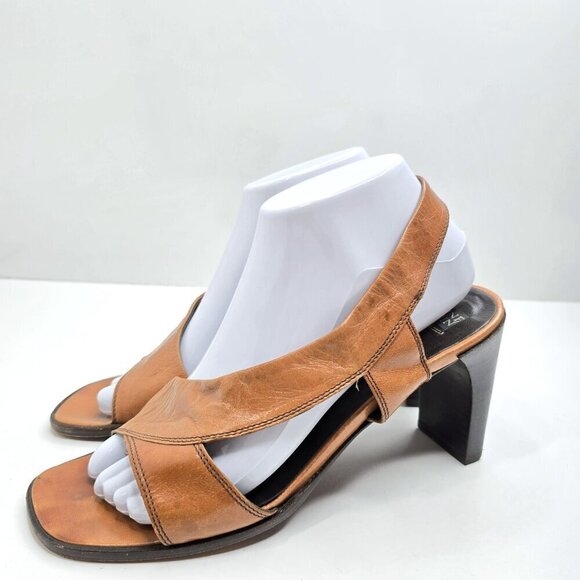 Vintage 90s Y2K Made in Italy Cognac Brown Leather Square Toe Block Heels - Picture 4 of 12